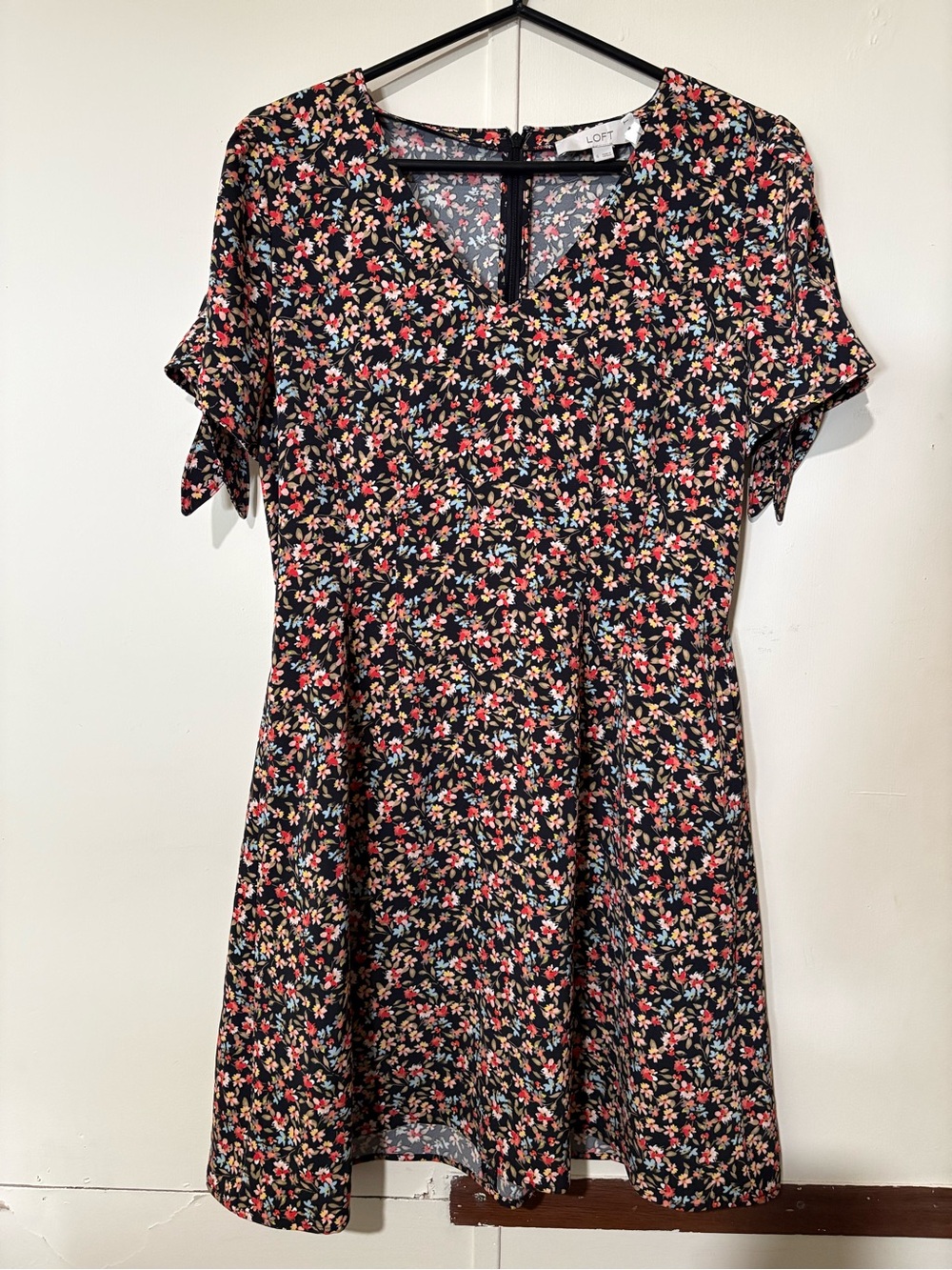 LOFT Black Floral Tie-Sleeve Mini Dress